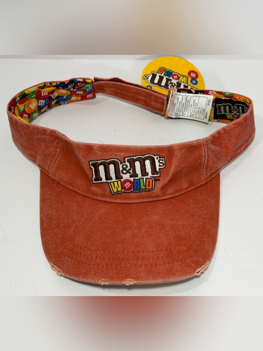 M&M's World Sun Visor Hat Distressed Orange Lentil Print Candy NWT Vintage